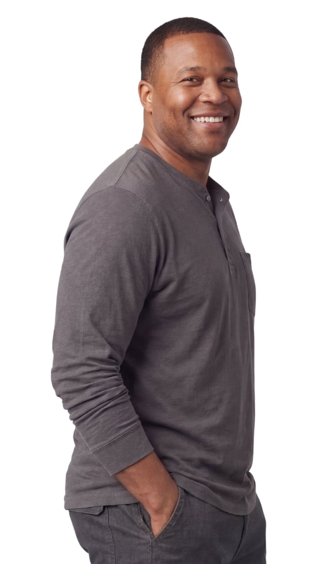 Men's Long Sleeve Henley Shirt with Chest Pocket and 3-Button Placket