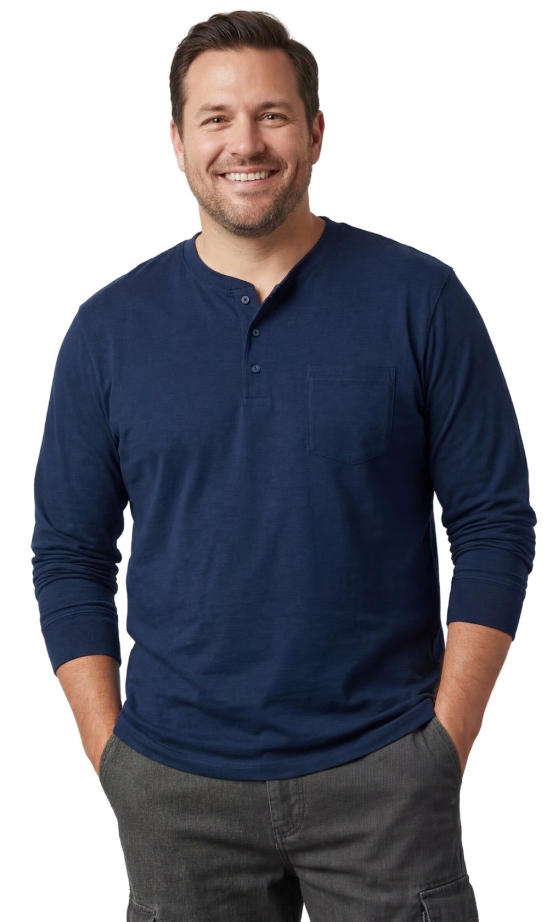 Men's Long Sleeve Henley Shirt with Chest Pocket and 3-Button Placket