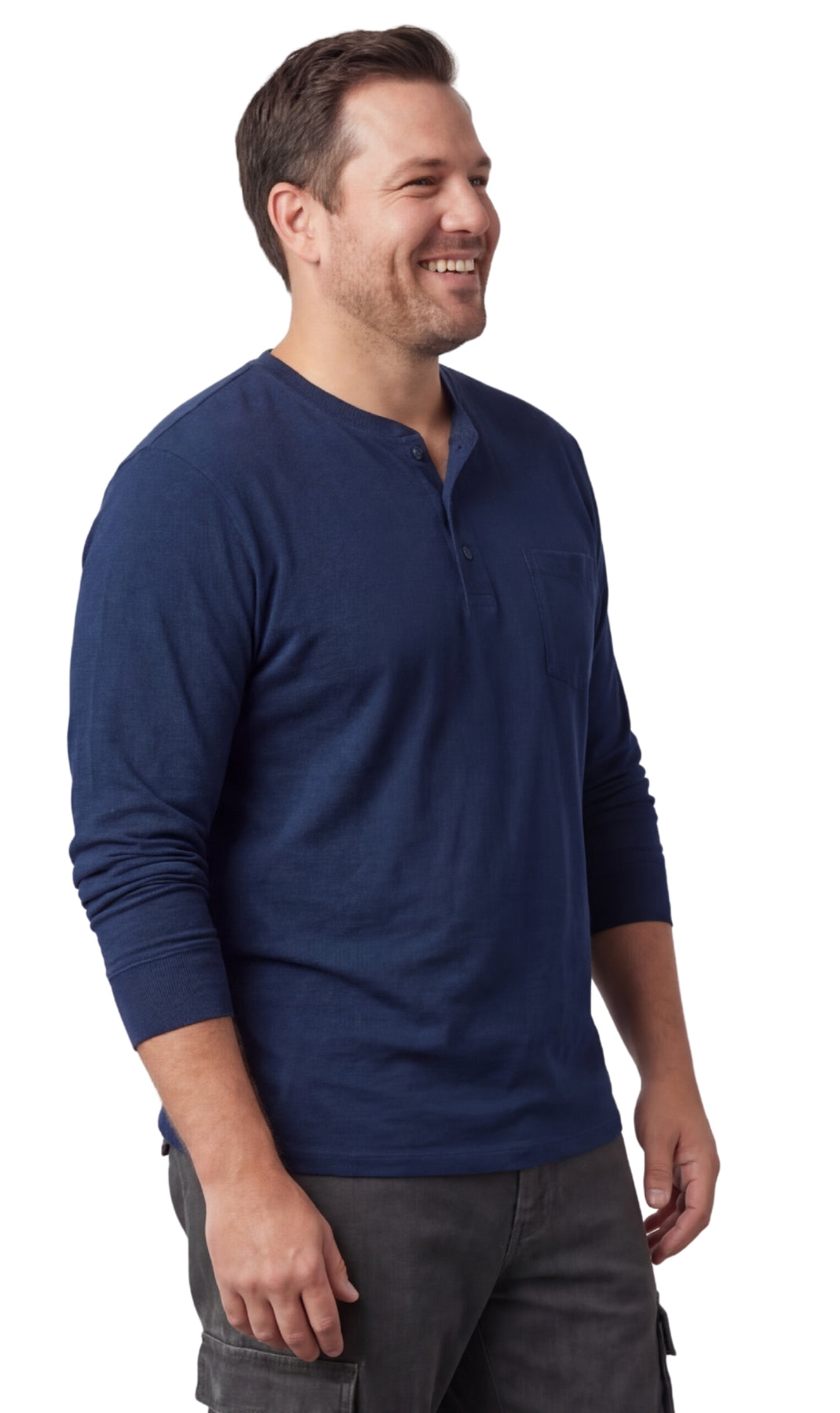 Men's Long Sleeve Henley Shirt with Chest Pocket and 3-Button Placket