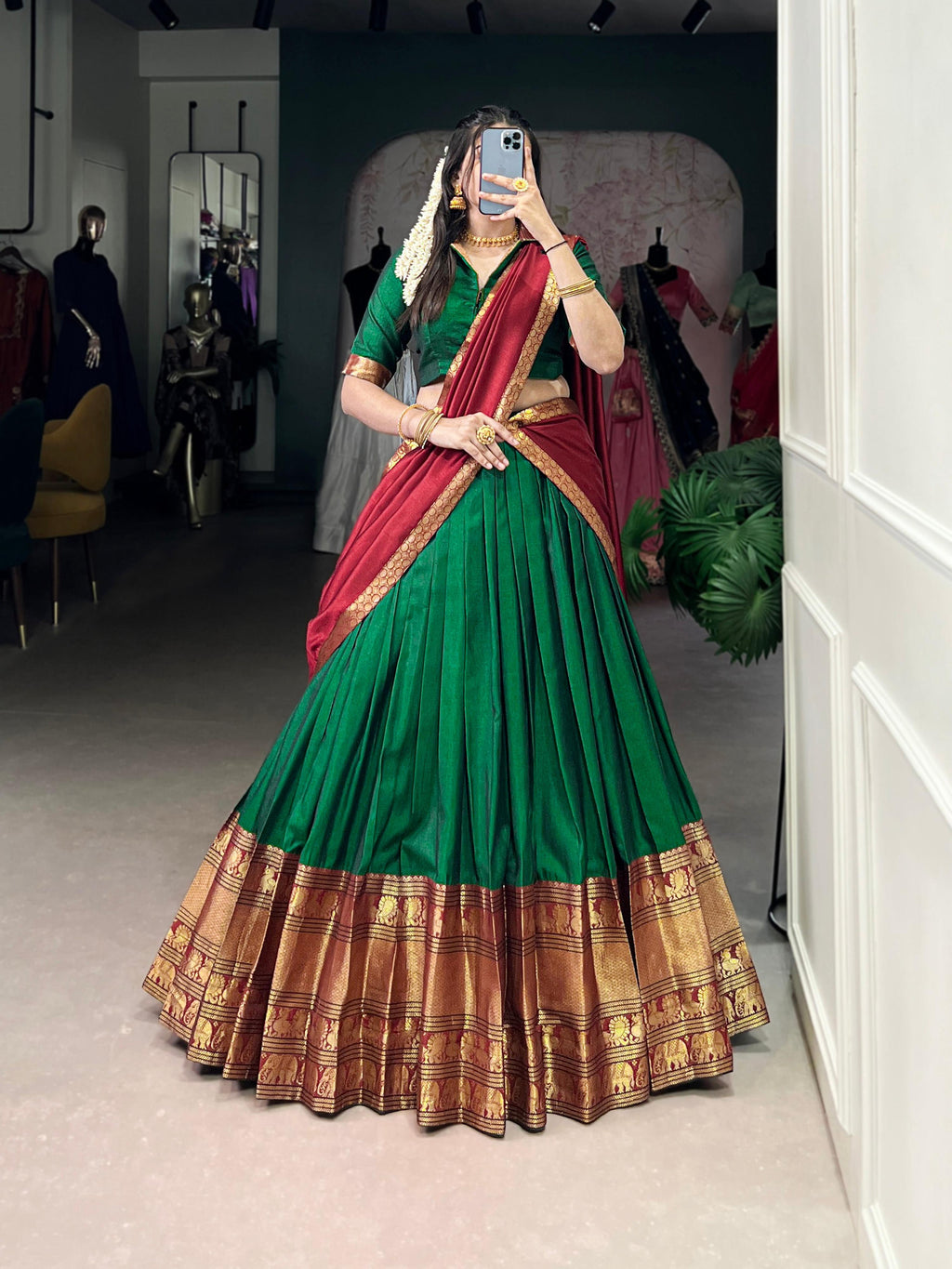 Elegant Green Narayan Pet Silk lehenga choli set with gold Zari weaving work