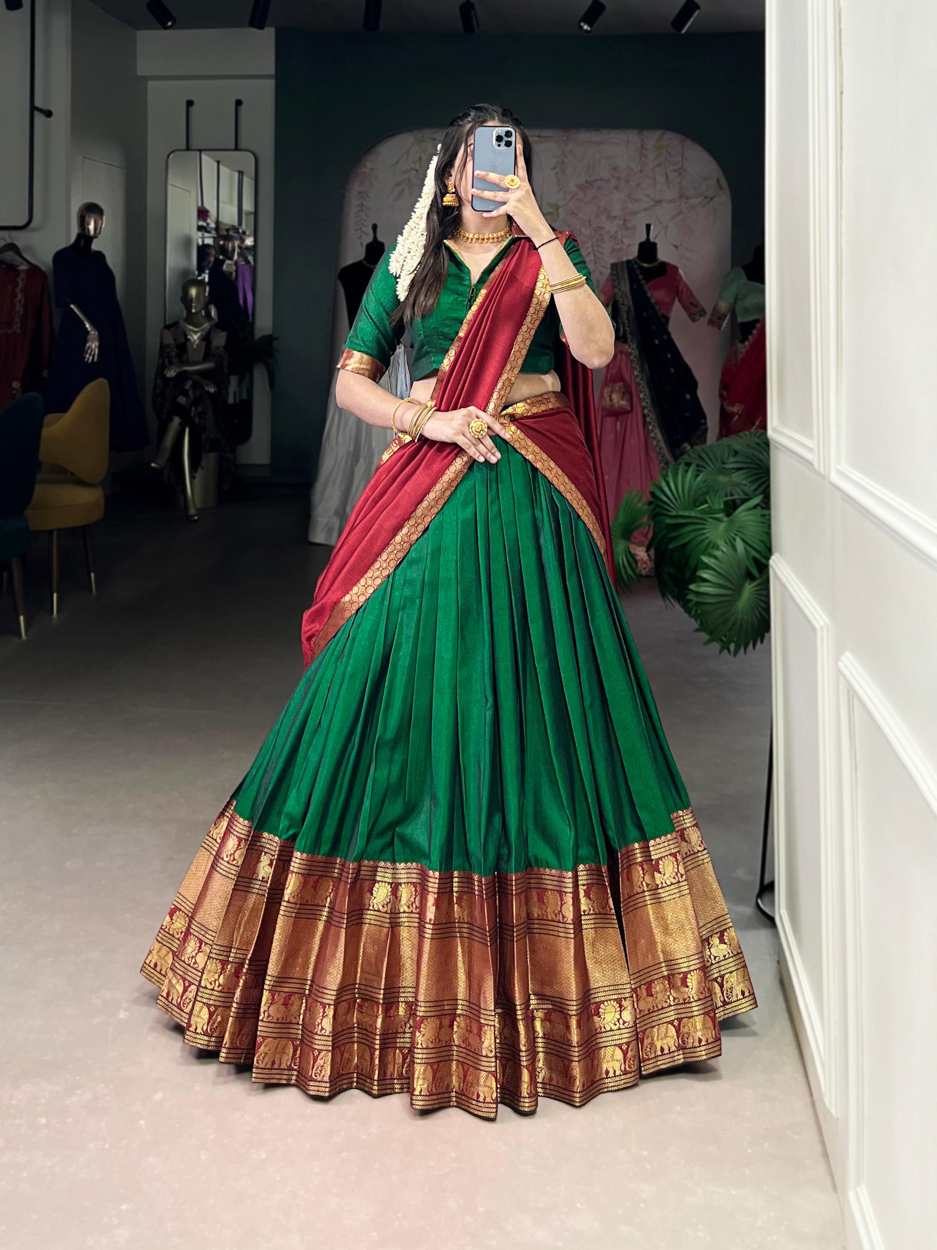 Elegant Green Narayan Pet Silk lehenga choli set with gold Zari weaving work