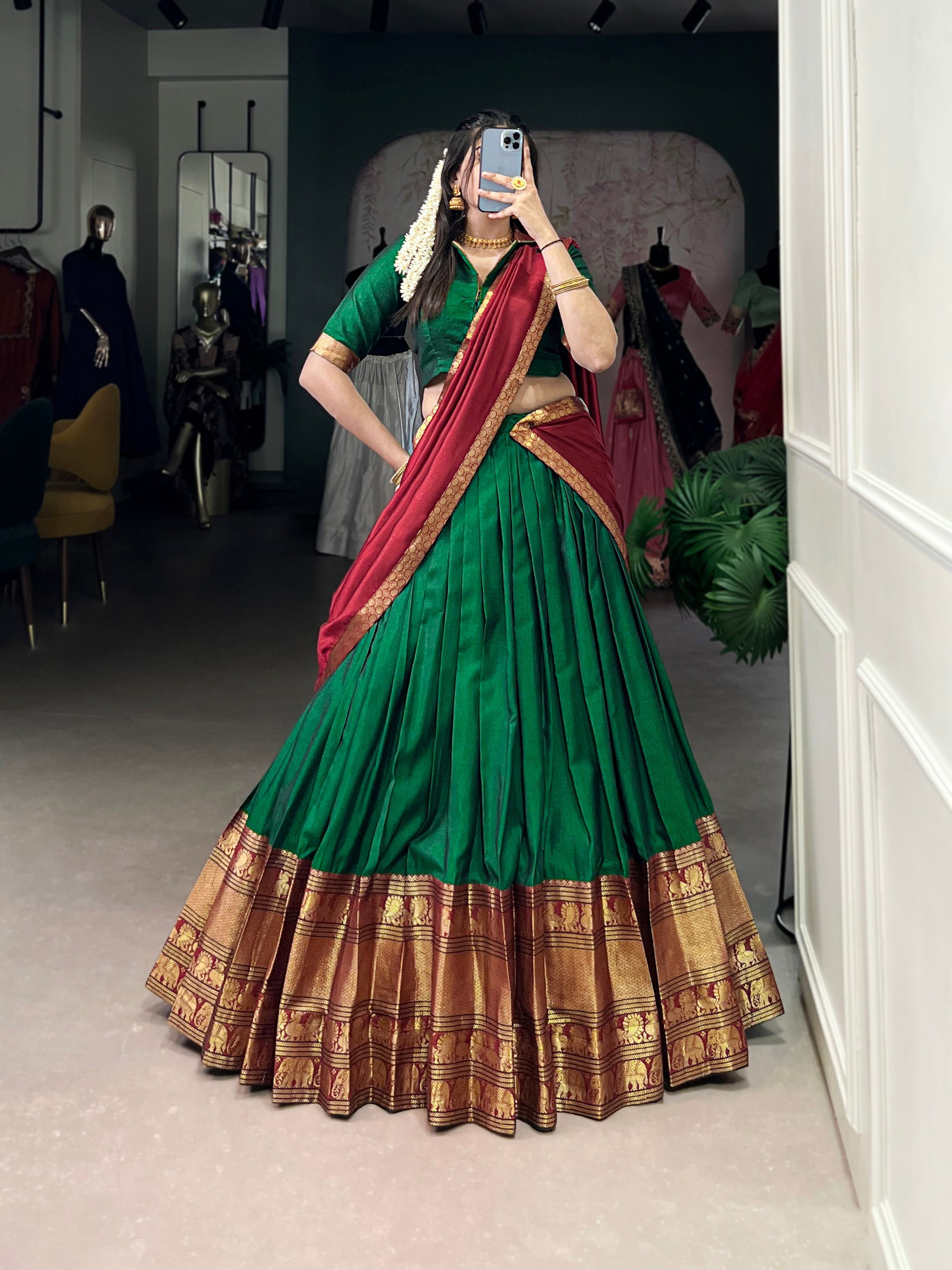 Green Narayan Pet Silk Lehenga Choli with Zari Weaving Work