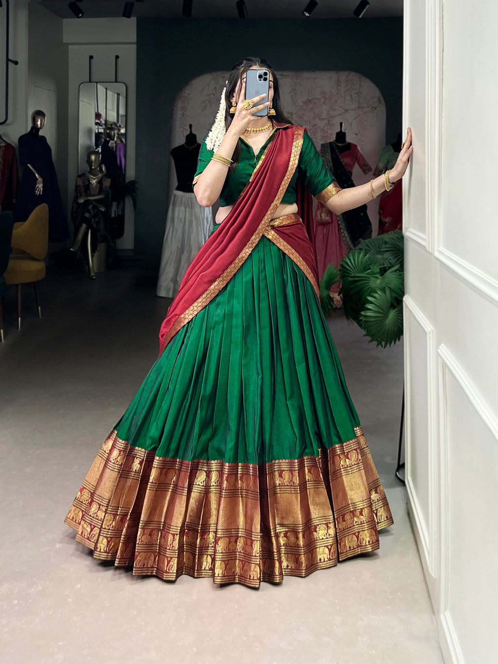 Green Narayan Pet Silk Lehenga Choli with Zari Weaving Work