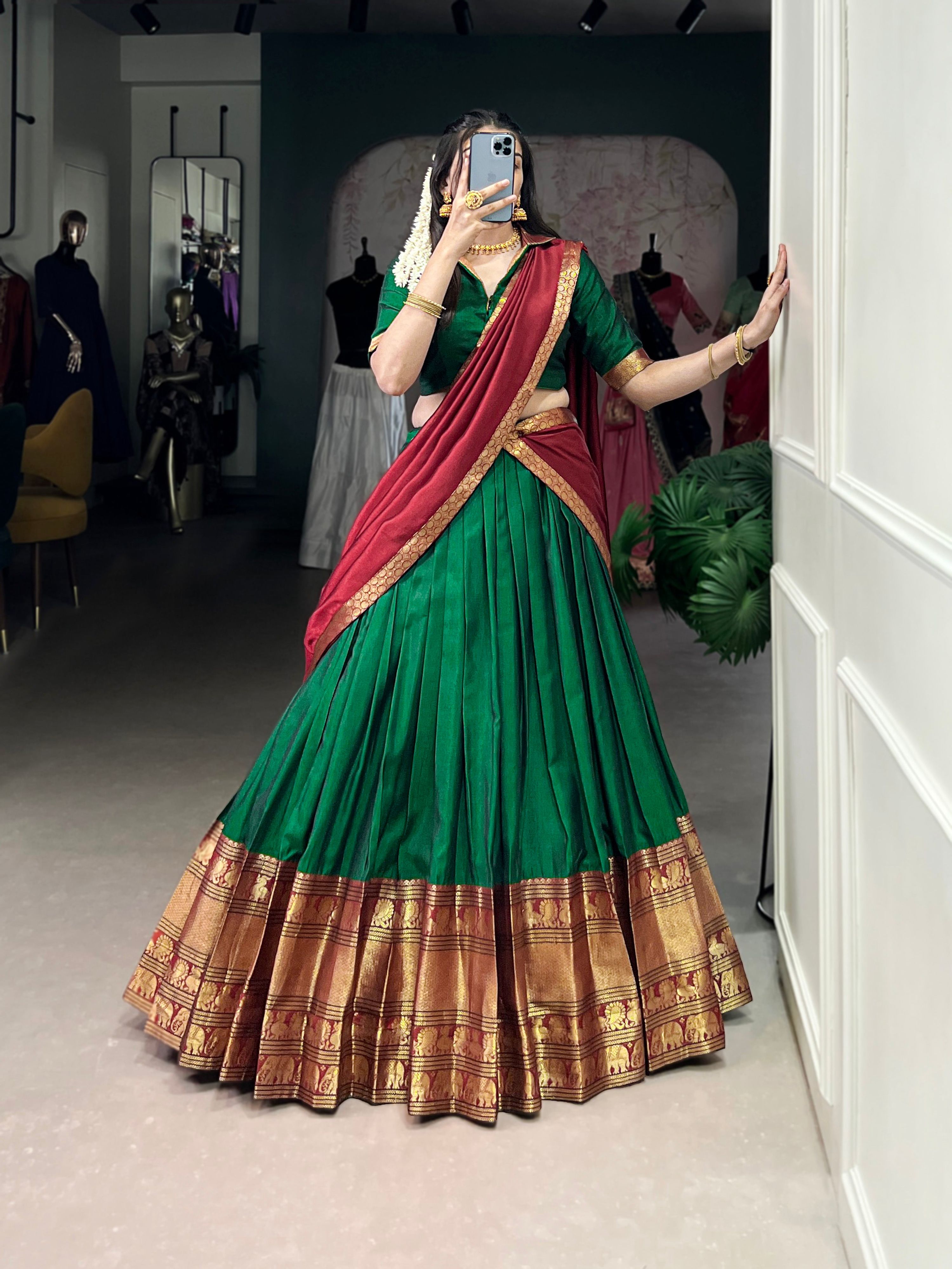 Green Narayan Pet Silk Lehenga Choli with Zari Weaving Work