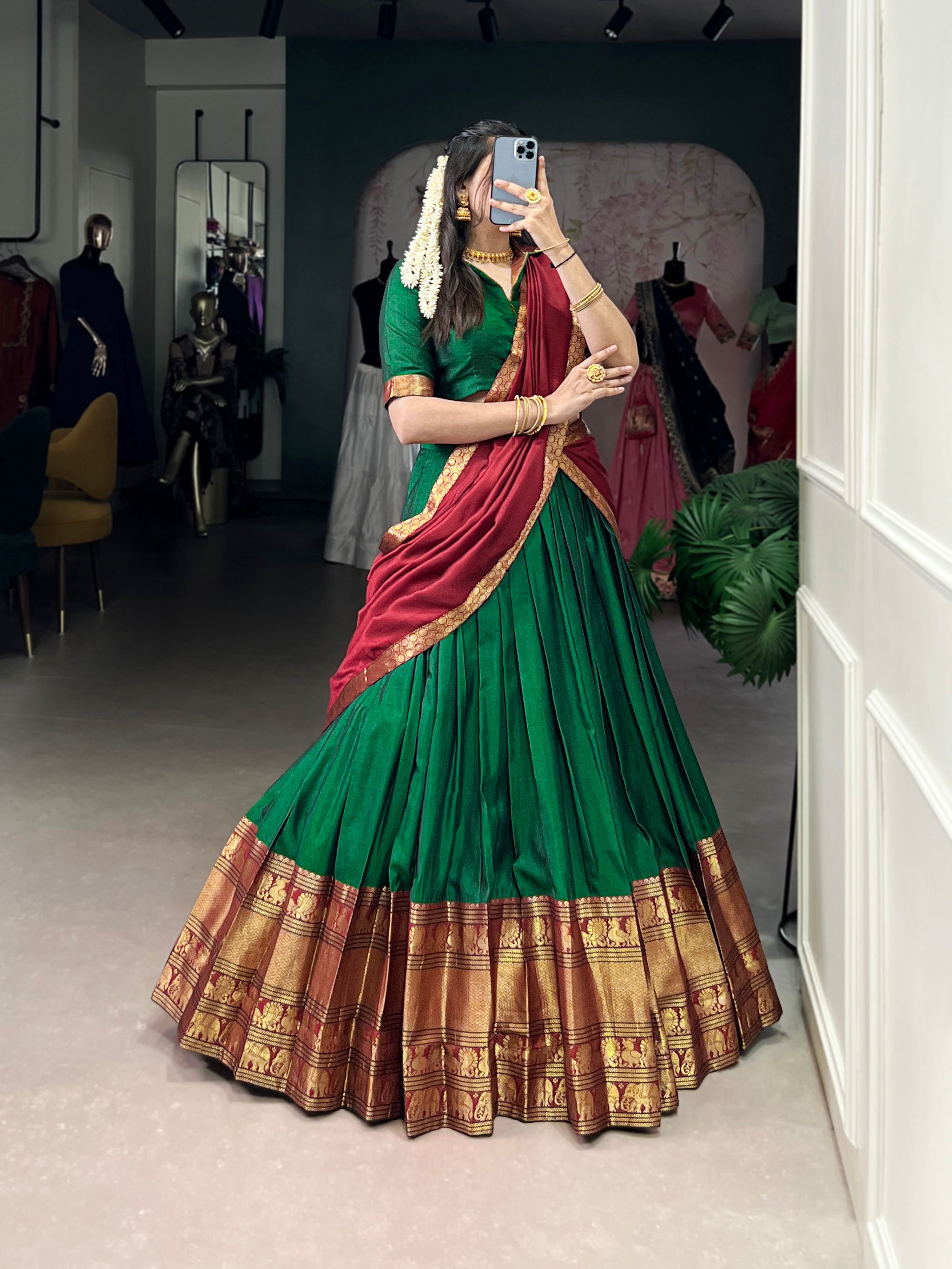 Green Narayan Pet Silk Lehenga Choli with Zari Weaving Work