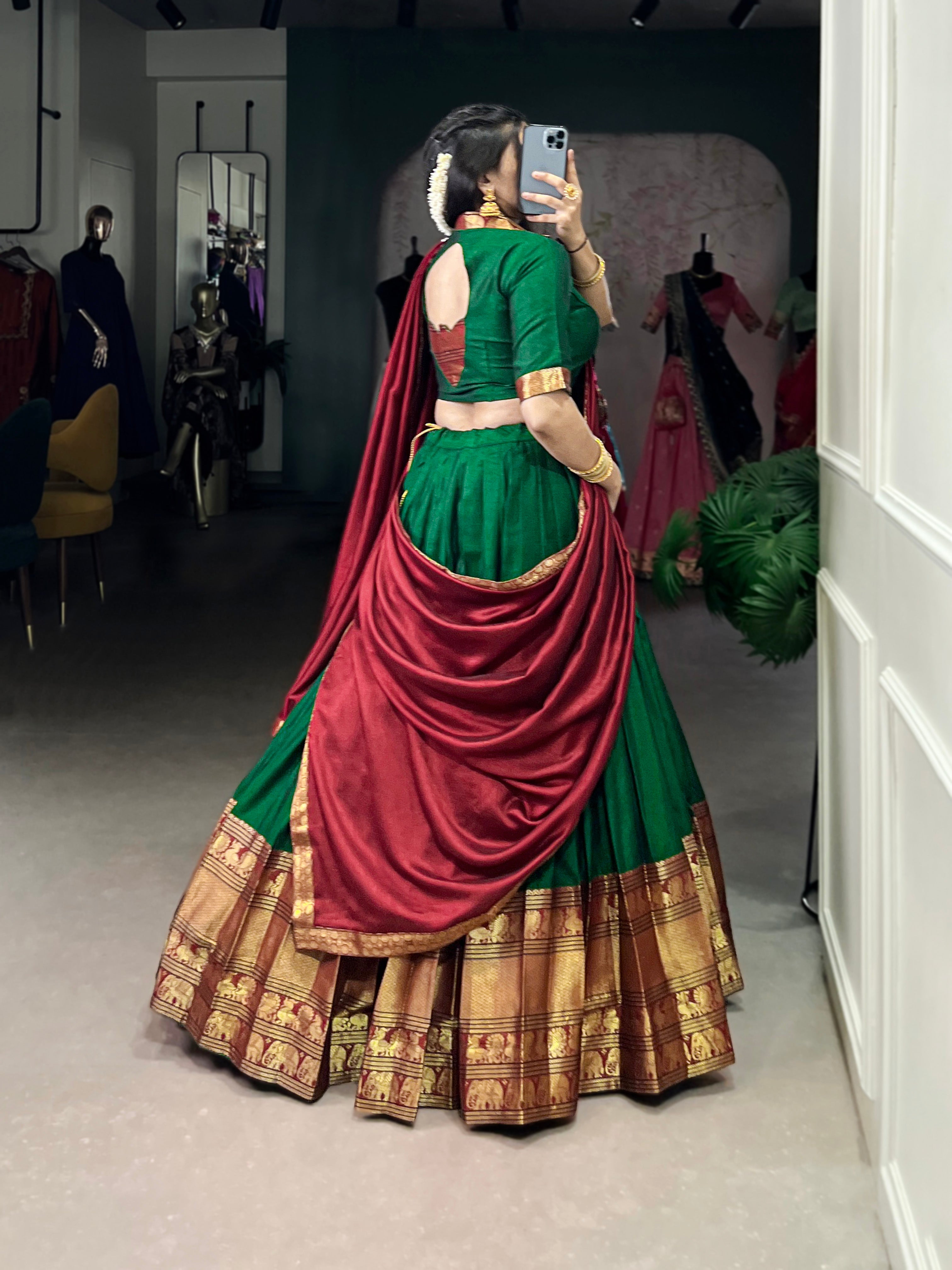 Green Narayan Pet Silk Lehenga Choli with Zari Weaving Work