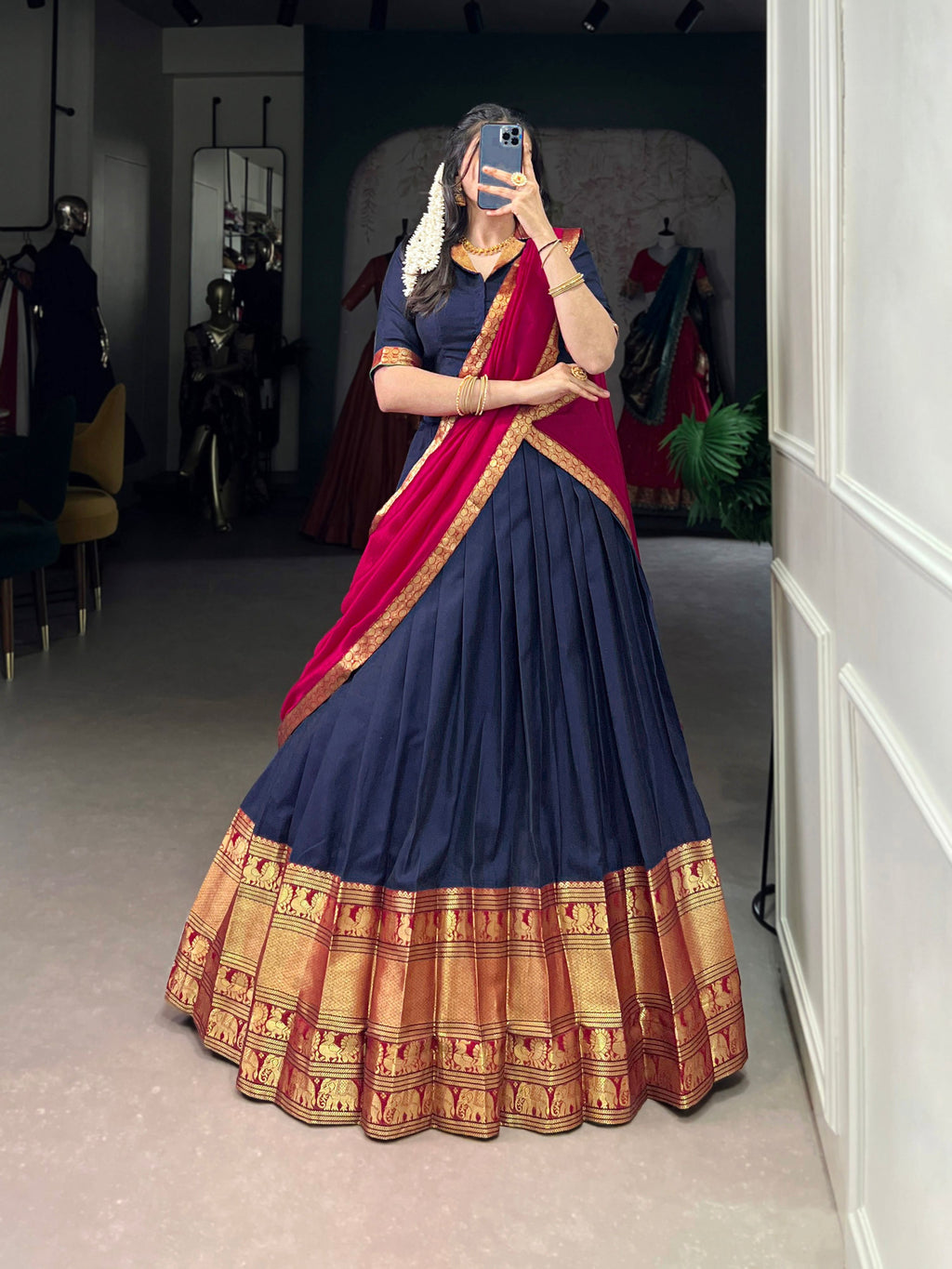 Navyblue Narayan Pet silk lehenga choli with gold Zari weaving and magenta details