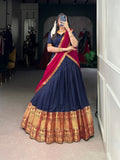 Navyblue Narayan Pet silk lehenga choli with gold Zari weaving and magenta details