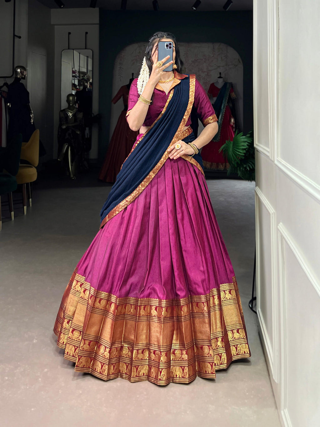 Pink Narayan Pet Silk Lehenga Choli with intricate gold Zari weaving work and matching dupatta