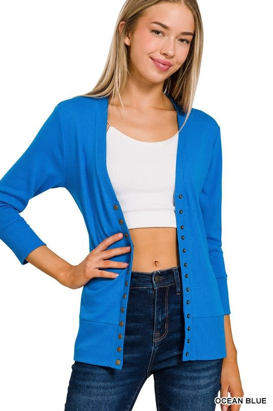 Snap Cardigan 3/4 Sleeve in Ocean Blue - Comfortable Layering Piece