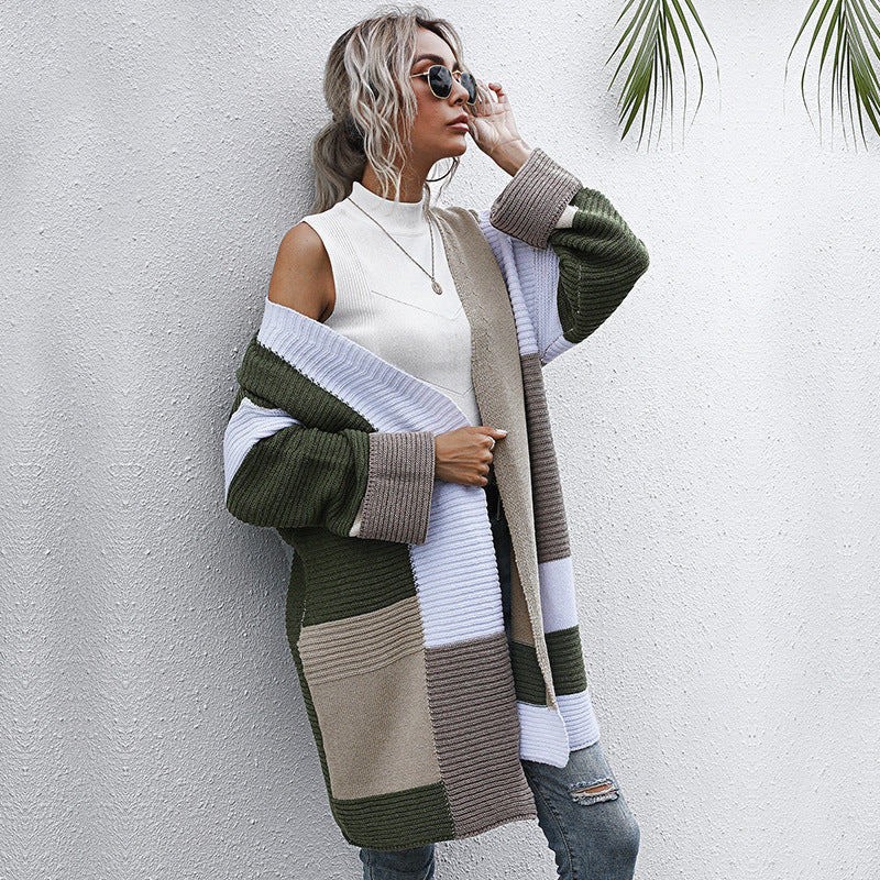 Army Green Oversized Color Block Knit Cardigan