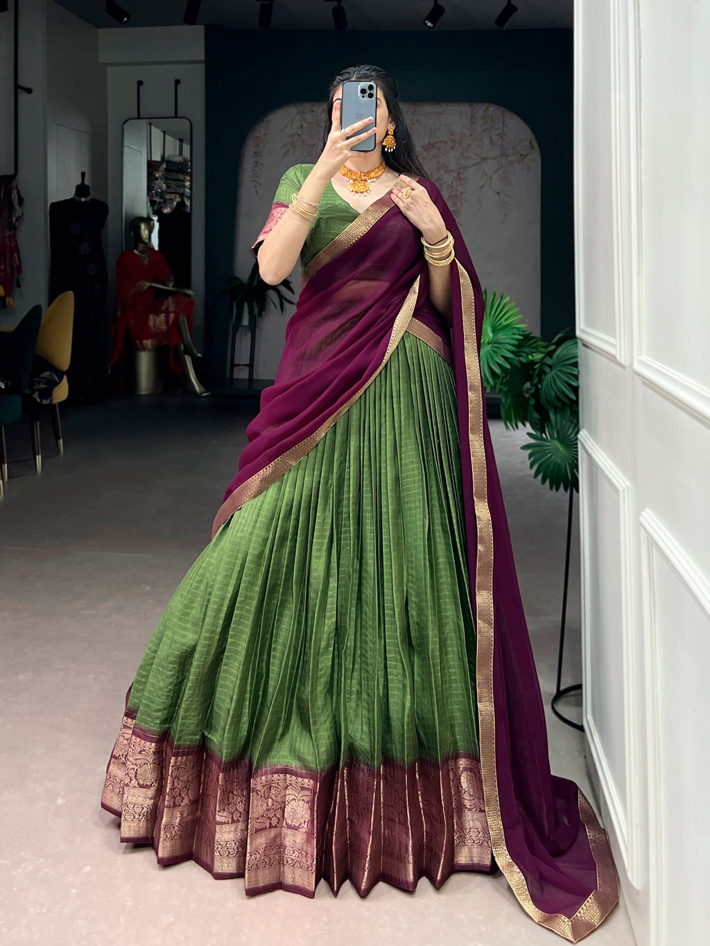 Mehendi colored Dola Chex lehenga choli featuring intricate zari weaving and chex pattern work