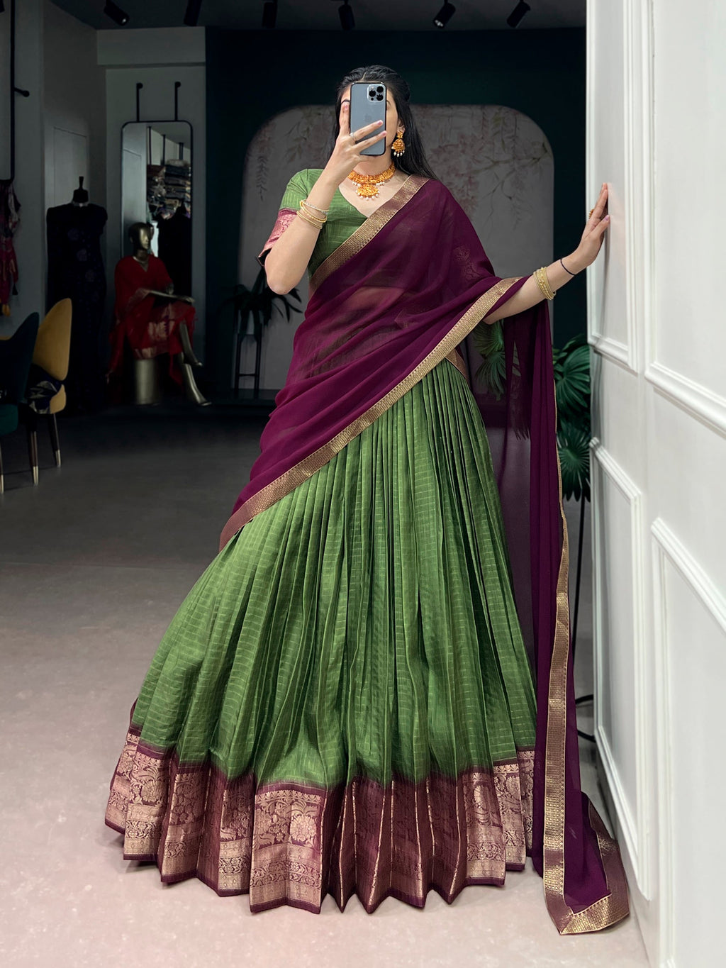 Mehendi Dola Chex Lehenga Choli with Zari Weaving Work