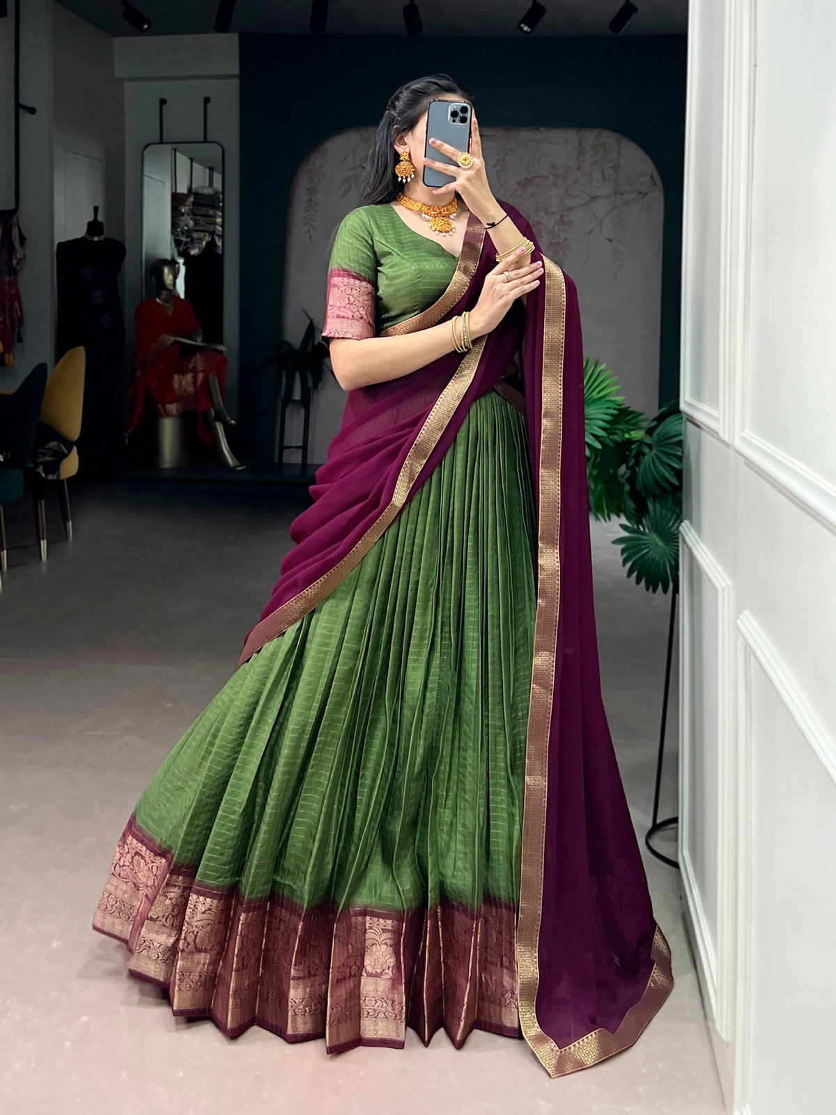 Mehendi Dola Chex Lehenga Choli with Zari Weaving Work