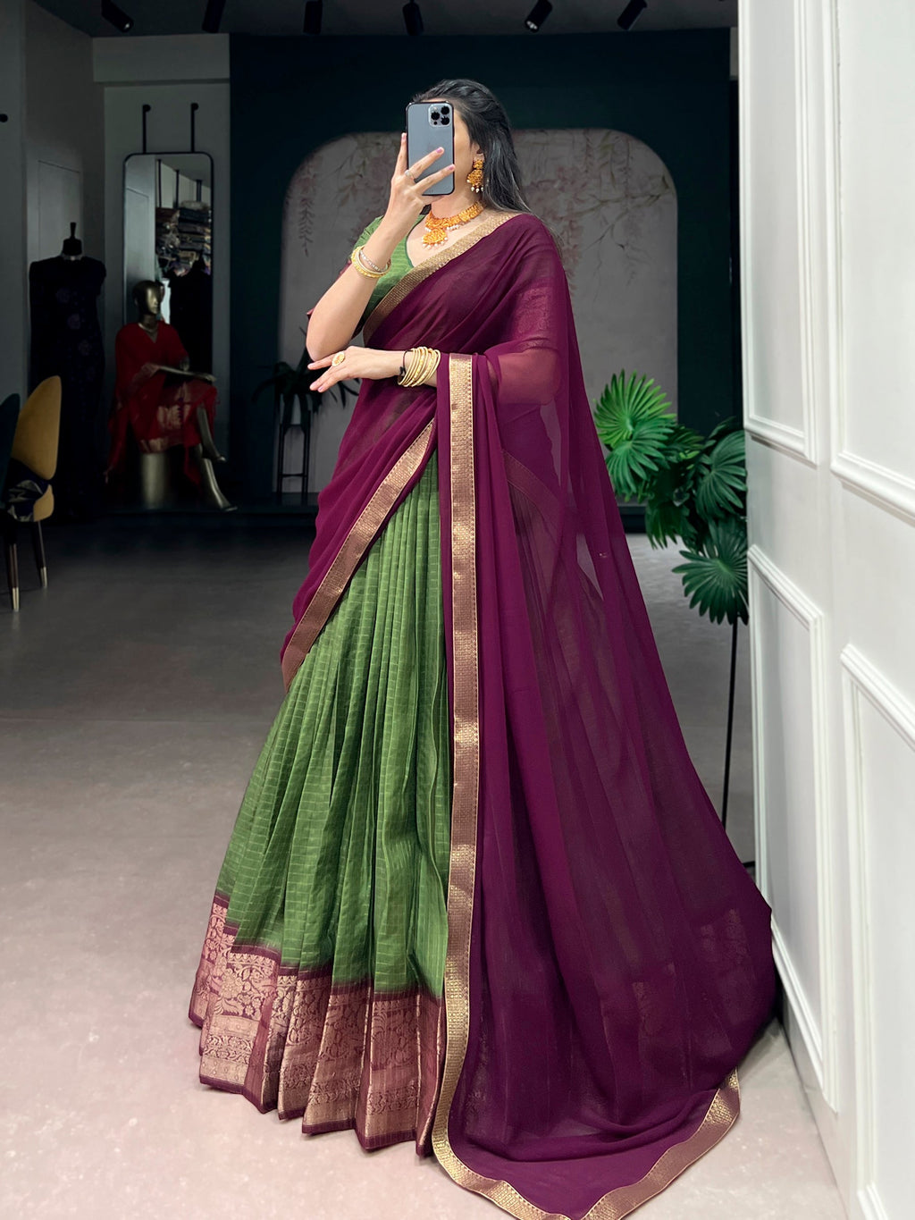 Mehendi Dola Chex Lehenga Choli with Zari Weaving Work