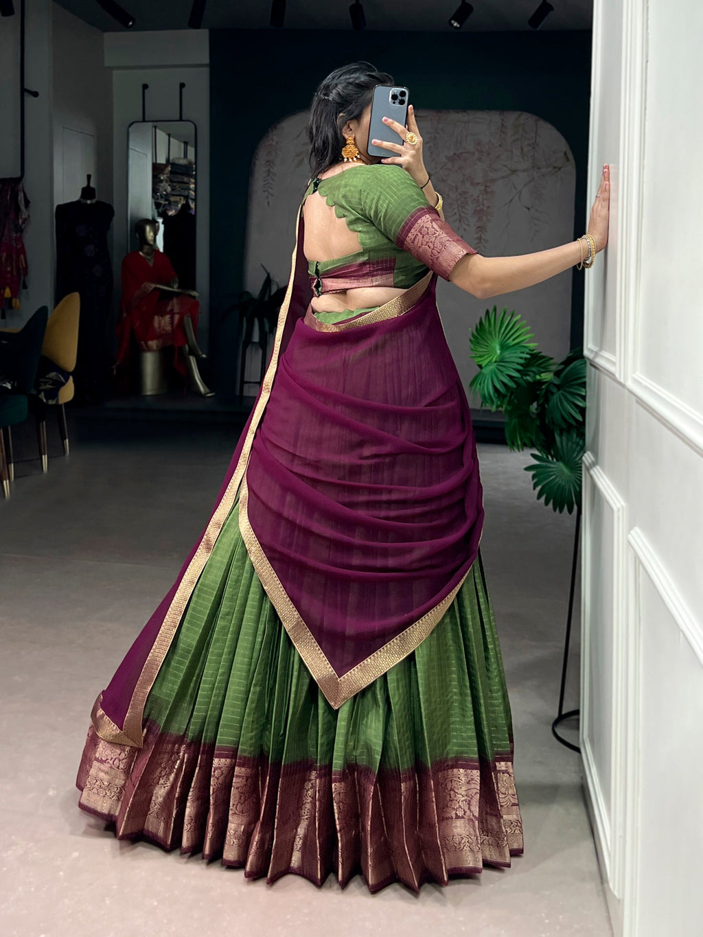 Mehendi Dola Chex Lehenga Choli with Zari Weaving Work