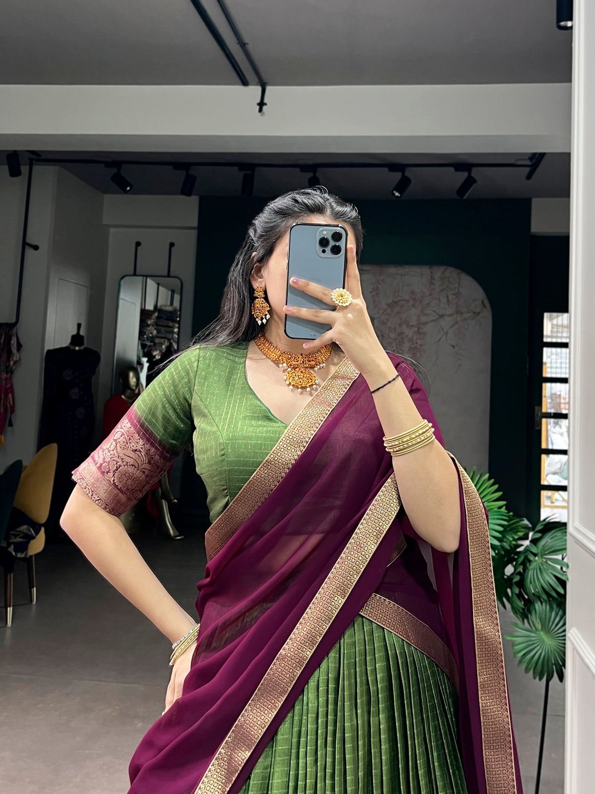 Mehendi Dola Chex Lehenga Choli with Zari Weaving Work