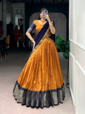 Mustard Dola Chex lehenga choli with traditional gold Zari weaving work