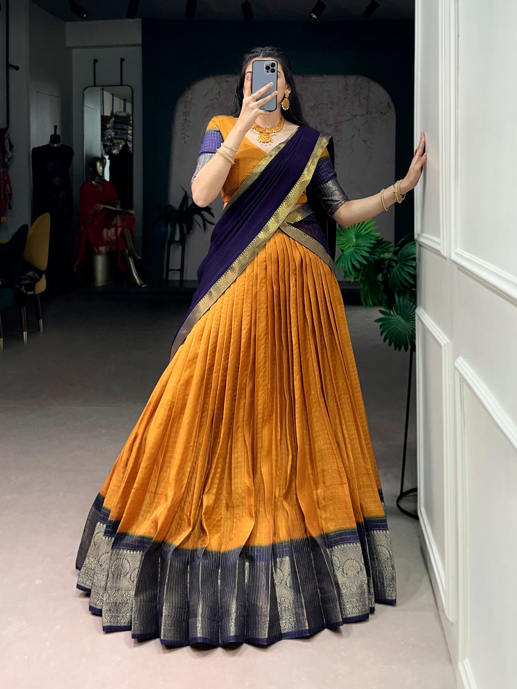 Mustard Dola Chex Lehenga Choli with Zari Weaving Work