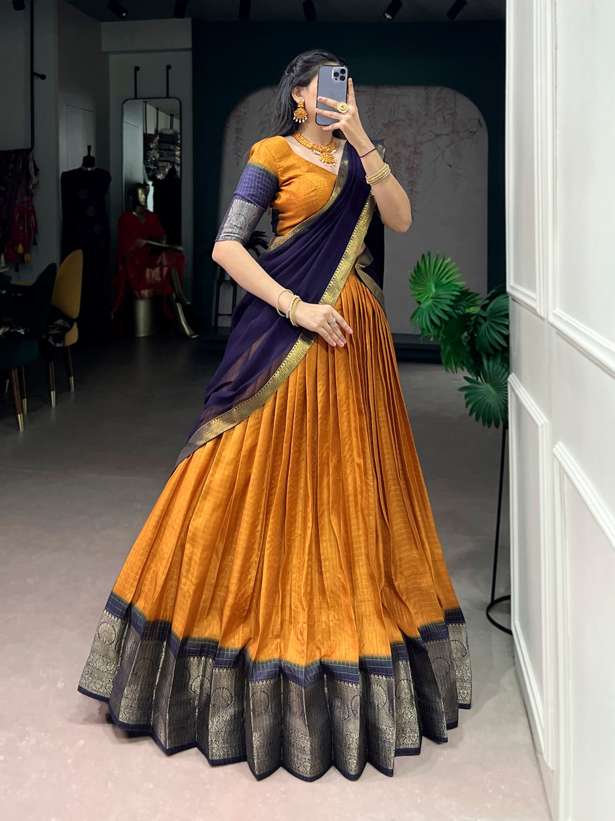 Mustard Dola Chex Lehenga Choli with Zari Weaving Work