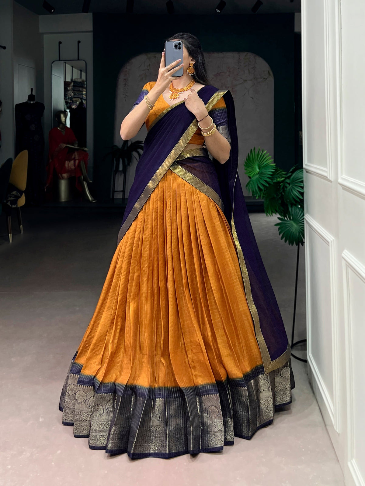 Mustard Dola Chex Lehenga Choli with Zari Weaving Work