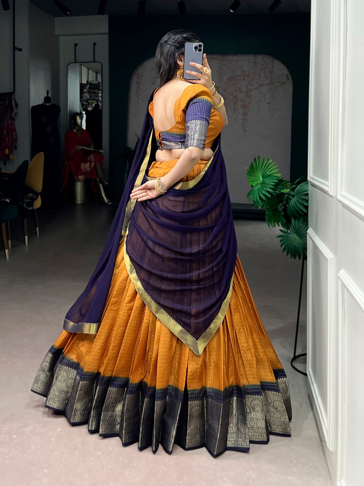 Mustard Dola Chex Lehenga Choli with Zari Weaving Work