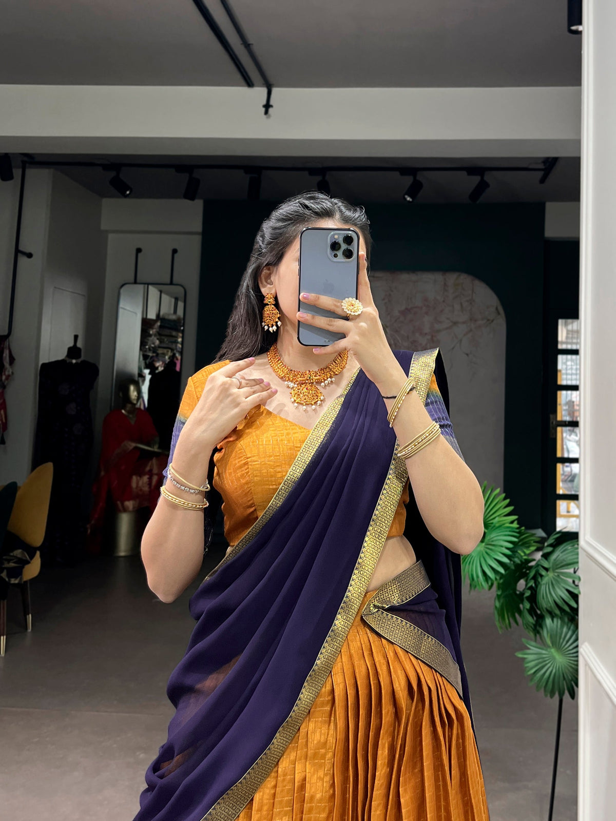 Mustard Dola Chex Lehenga Choli with Zari Weaving Work