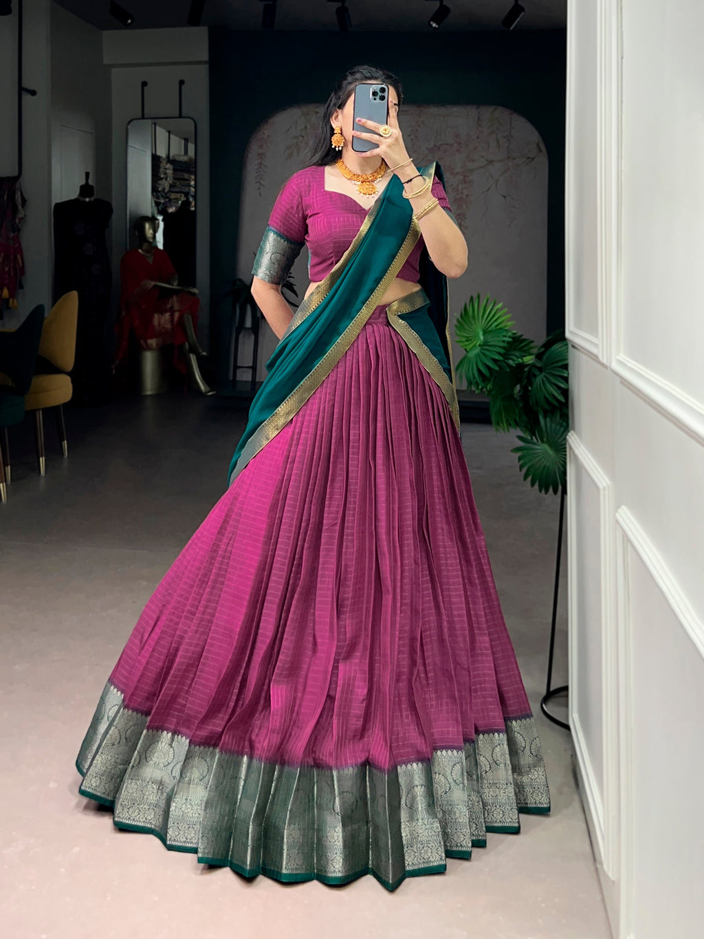 Lorenvalley Fashion Pink Dola Chex Lehenga Choli with Zari weaving work and dupatta