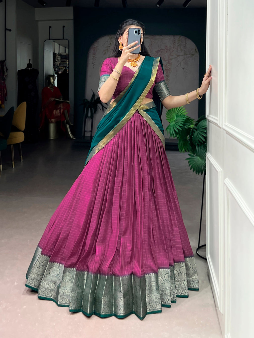 Pink Dola Chex Lehenga Choli with Zari Weaving Work and Dupatta