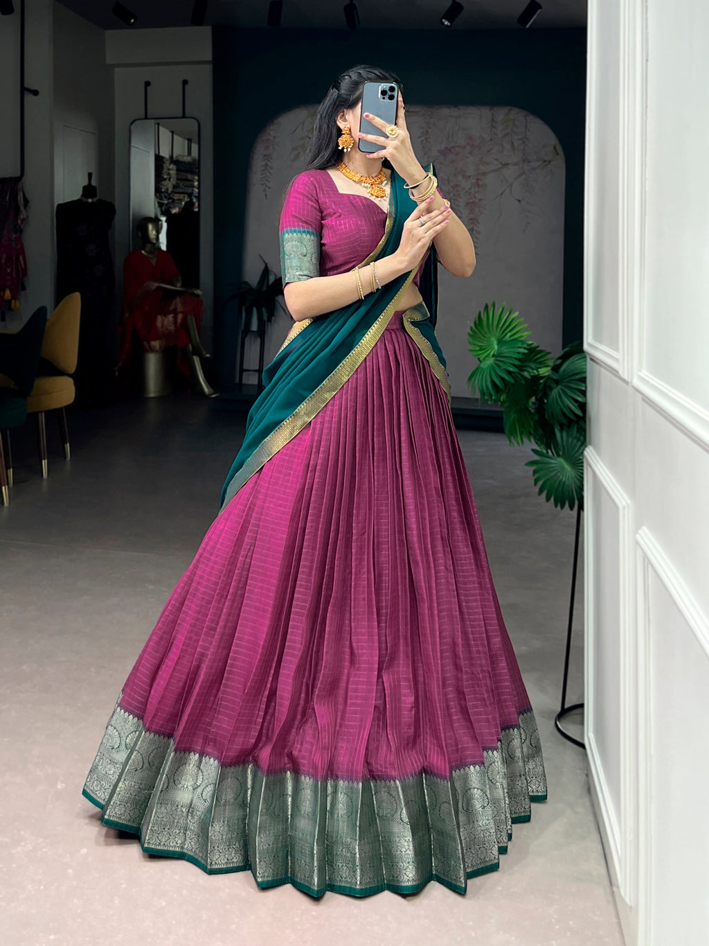 Pink Dola Chex Lehenga Choli with Zari Weaving Work and Dupatta