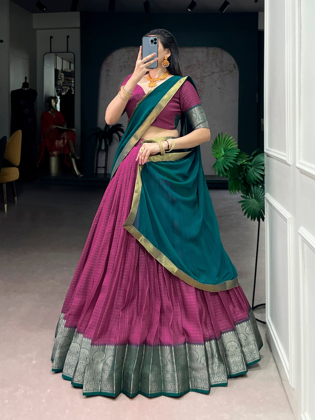 Pink Dola Chex Lehenga Choli with Zari Weaving Work and Dupatta