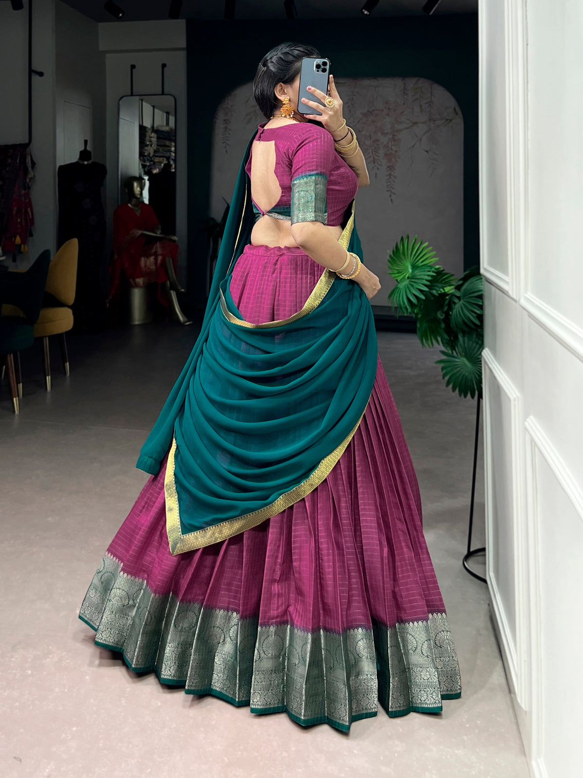 Pink Dola Chex Lehenga Choli with Zari Weaving Work and Dupatta