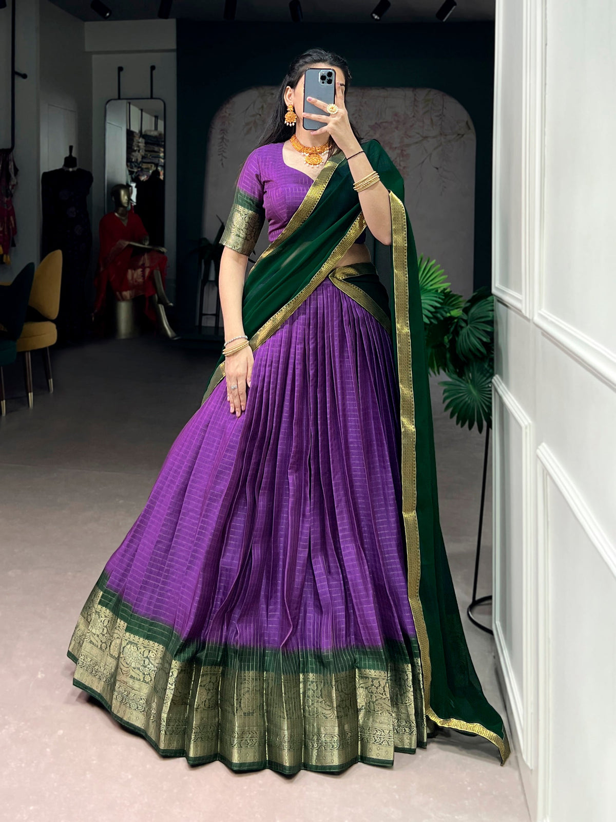 Purple Dola Chex Lehenga Choli with gold Zari weaving embroidery
