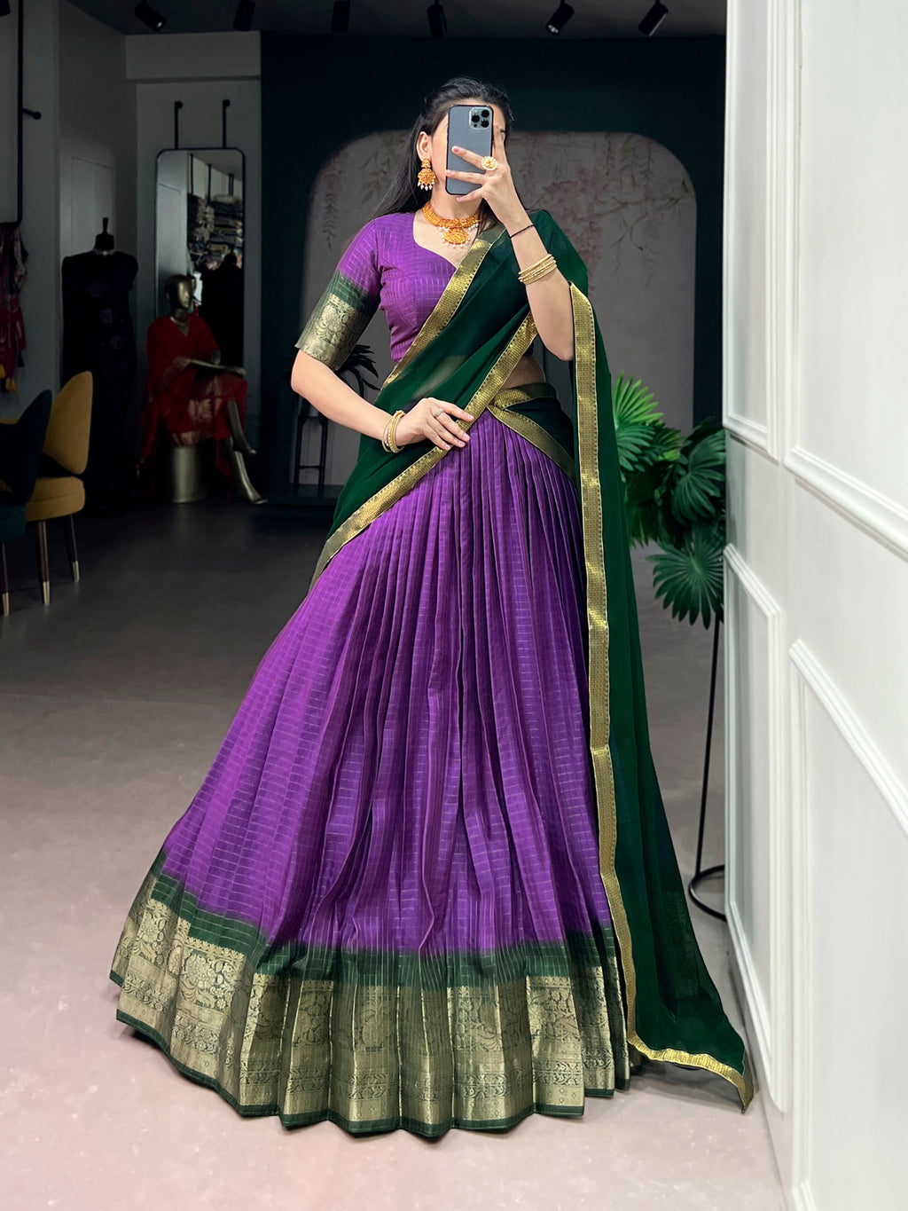 Purple Dola Chex Lehenga Choli with Elegant Zari Weaving Work