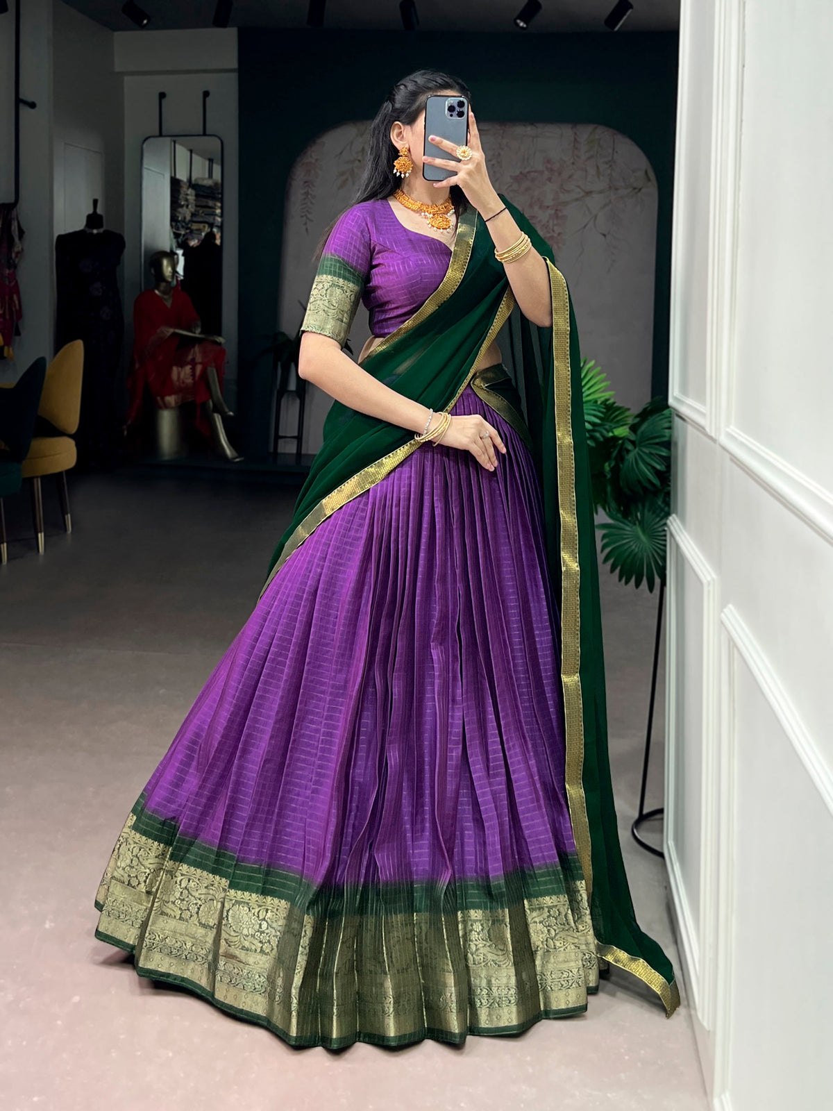 Purple Dola Chex Lehenga Choli with Elegant Zari Weaving Work