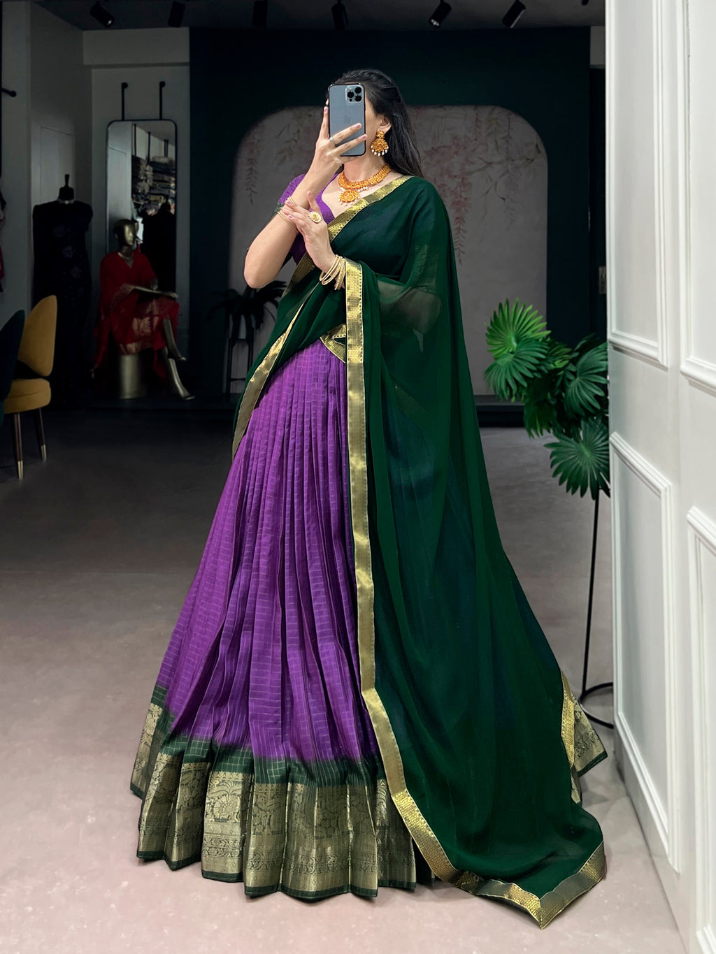Purple Dola Chex Lehenga Choli with Elegant Zari Weaving Work