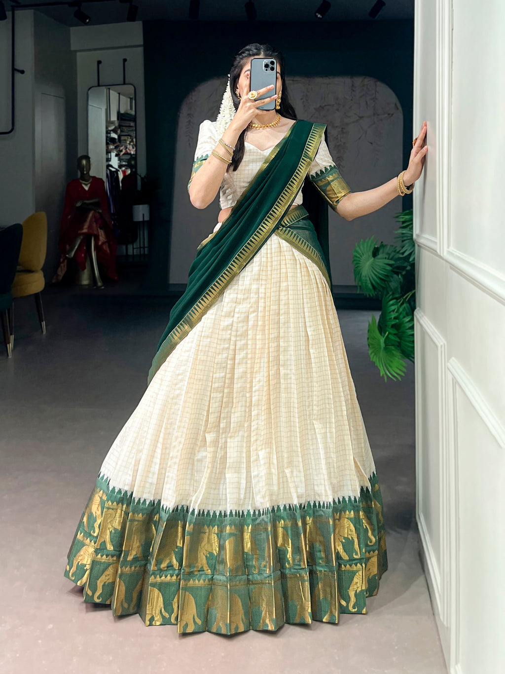 White Poly Cotton Lehenga Choli with Zari Weaving Work
