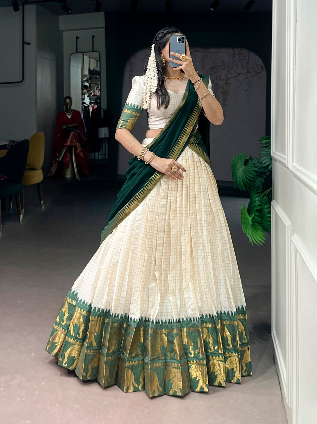White Poly Cotton Lehenga Choli with Zari Weaving Work