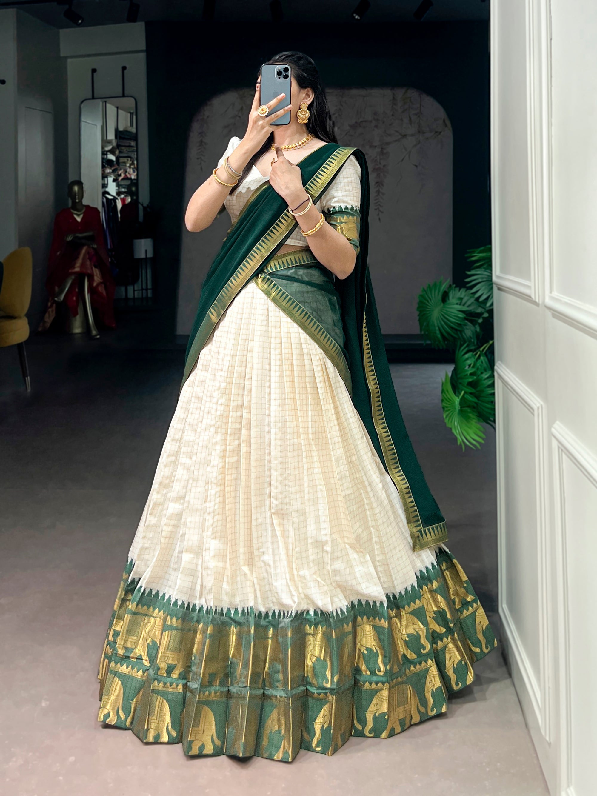 White Poly Cotton Lehenga Choli with Zari Weaving Work