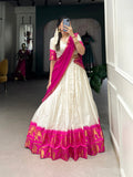 White poly cotton lehenga choli with zari weaving and chex pattern