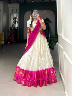 White poly cotton lehenga choli with zari weaving and chex pattern