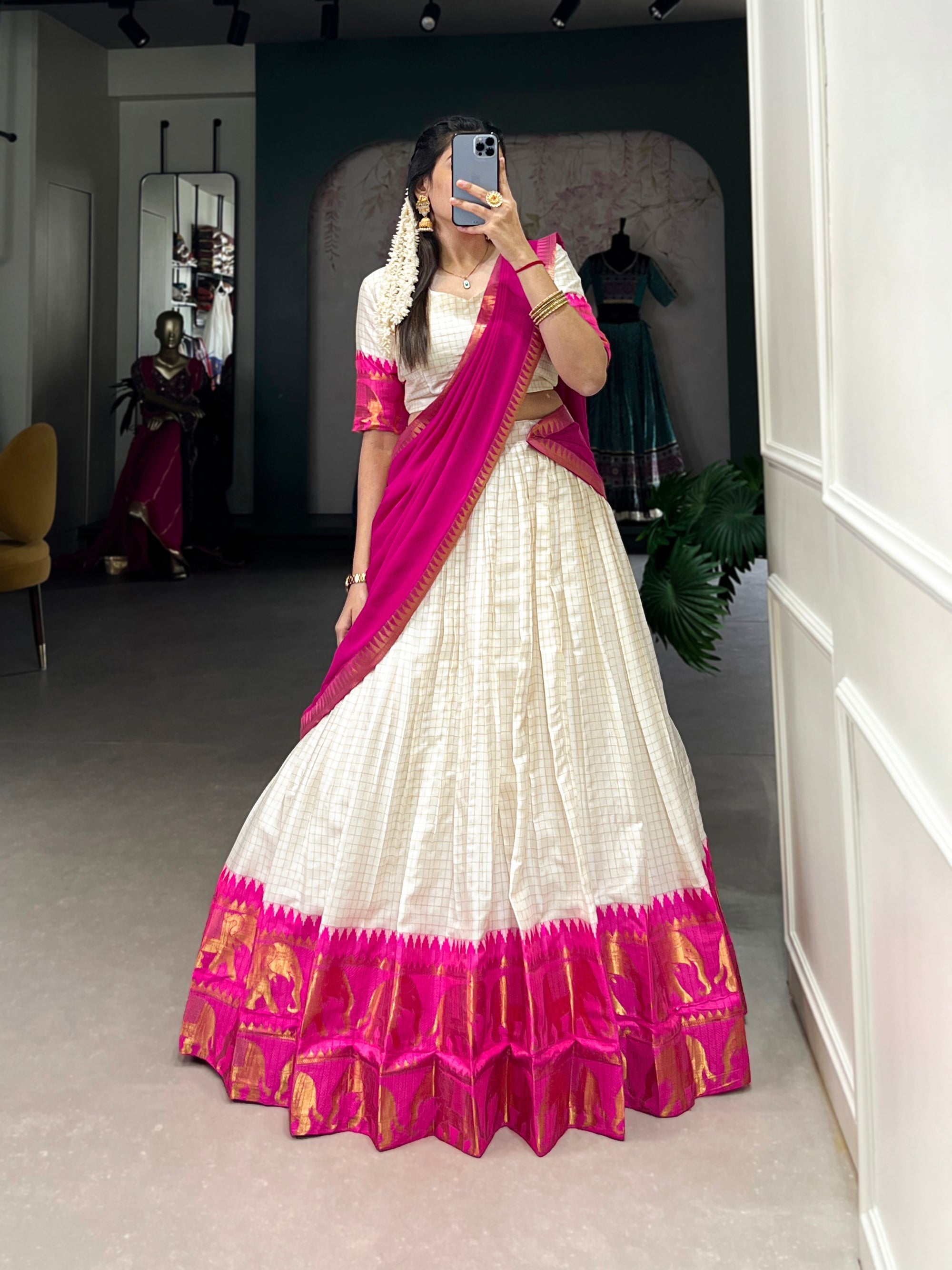 White poly cotton lehenga choli with zari weaving and chex pattern
