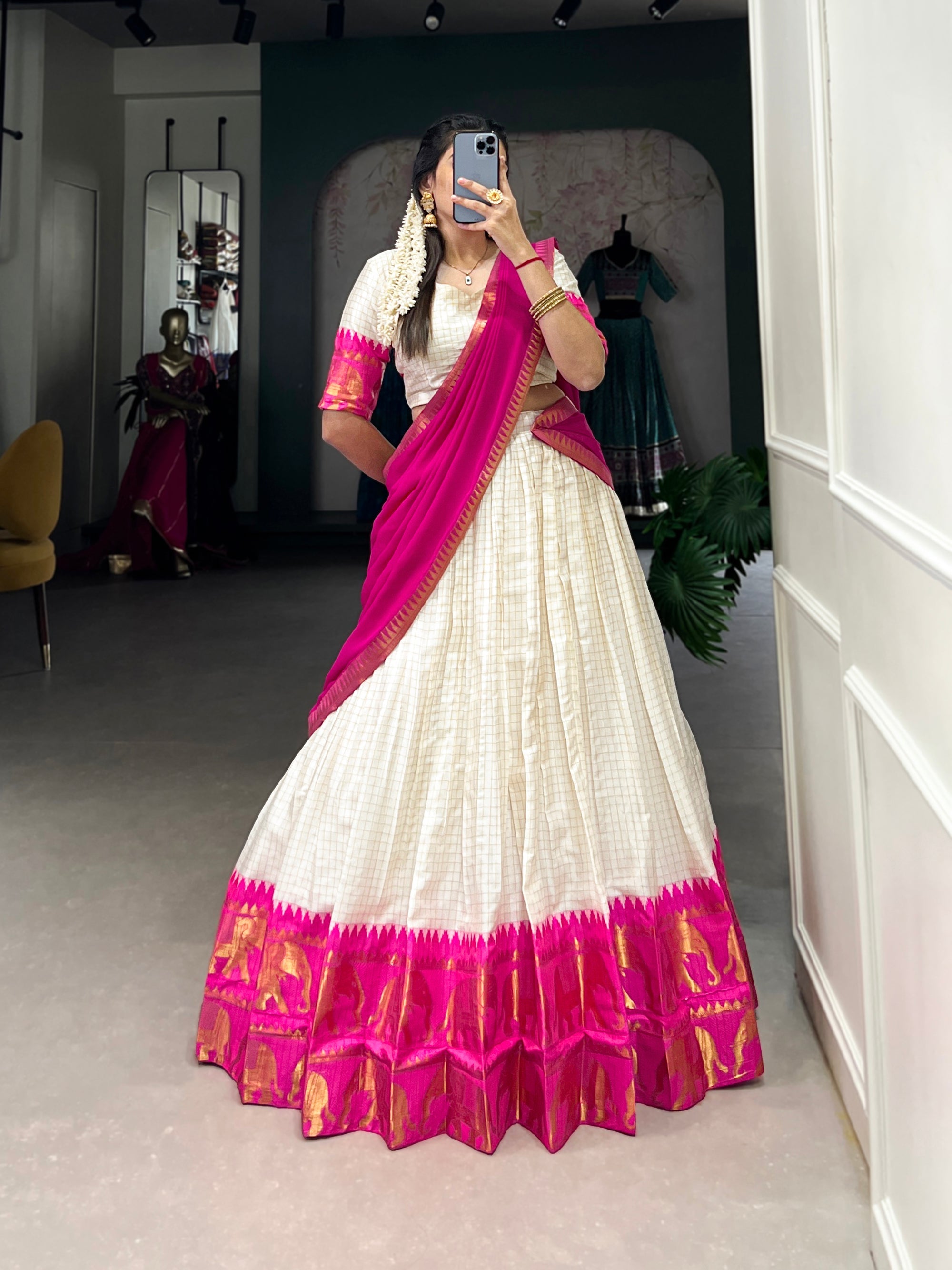 White Poly Cotton Lehenga Choli with Zari Weaving Details