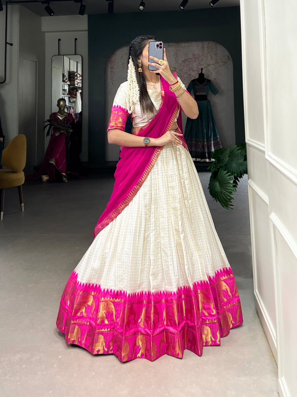 White Poly Cotton Lehenga Choli with Zari Weaving Details