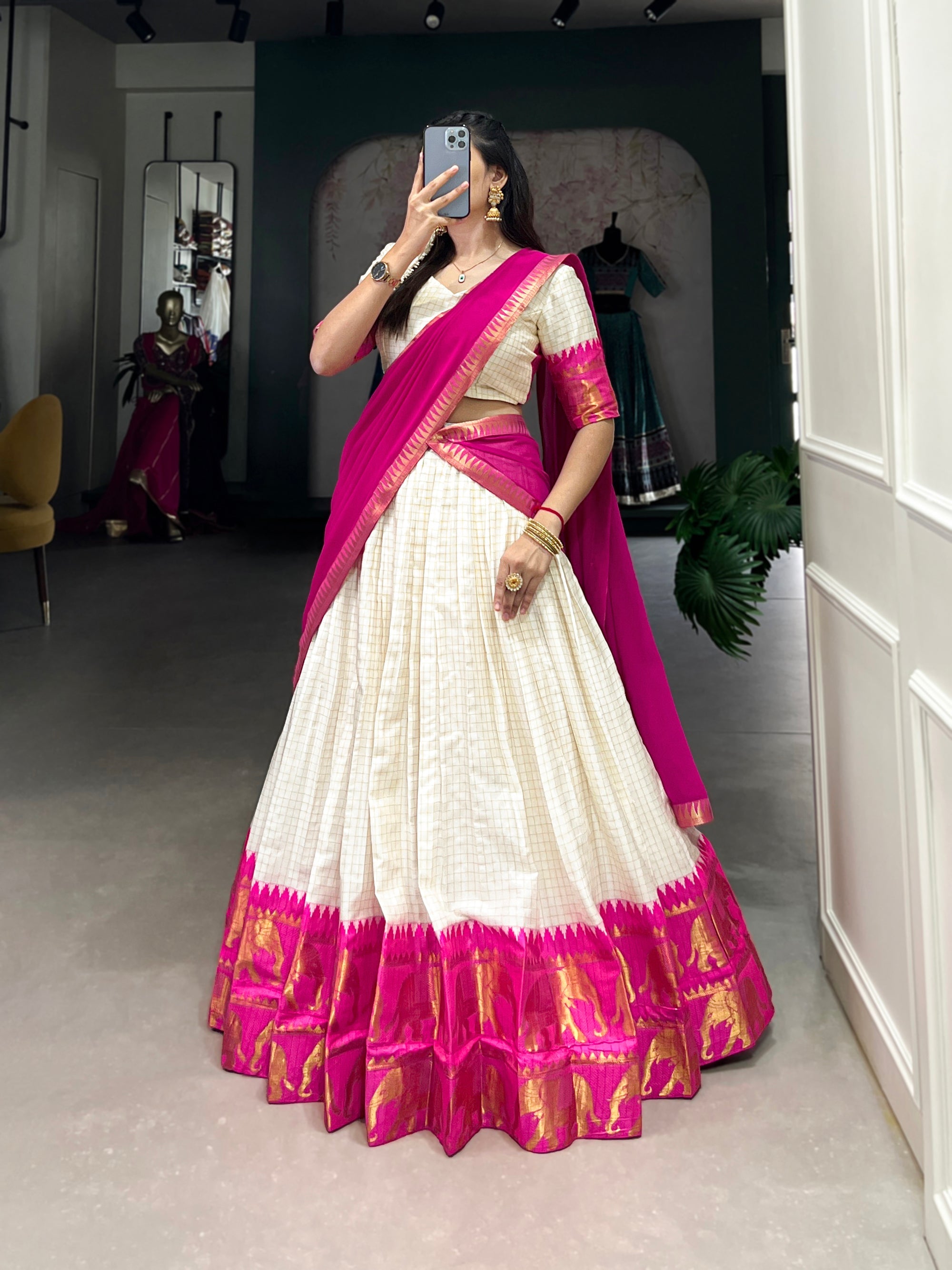 White Poly Cotton Lehenga Choli with Zari Weaving Details