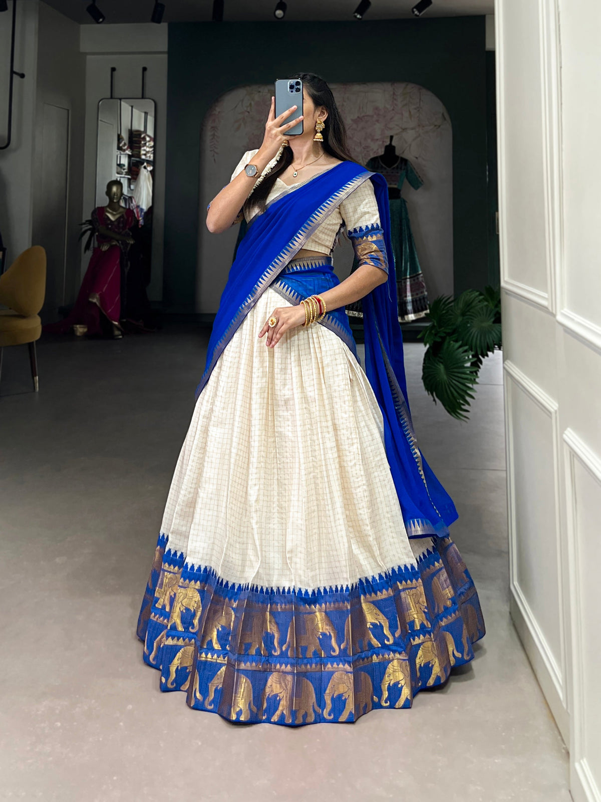 White Poly Cotton Chex Lehenga Choli with Zari Weaving Work