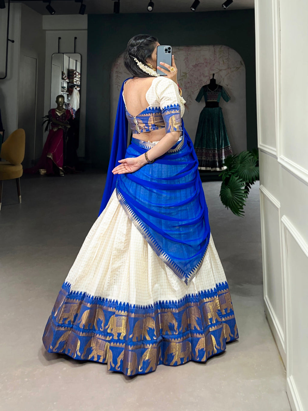 White Poly Cotton Chex Lehenga Choli with Zari Weaving Work