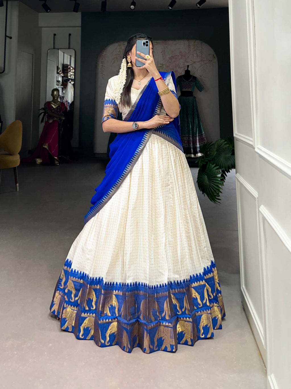 White Poly Cotton Chex Lehenga Choli with Zari Weaving Work
