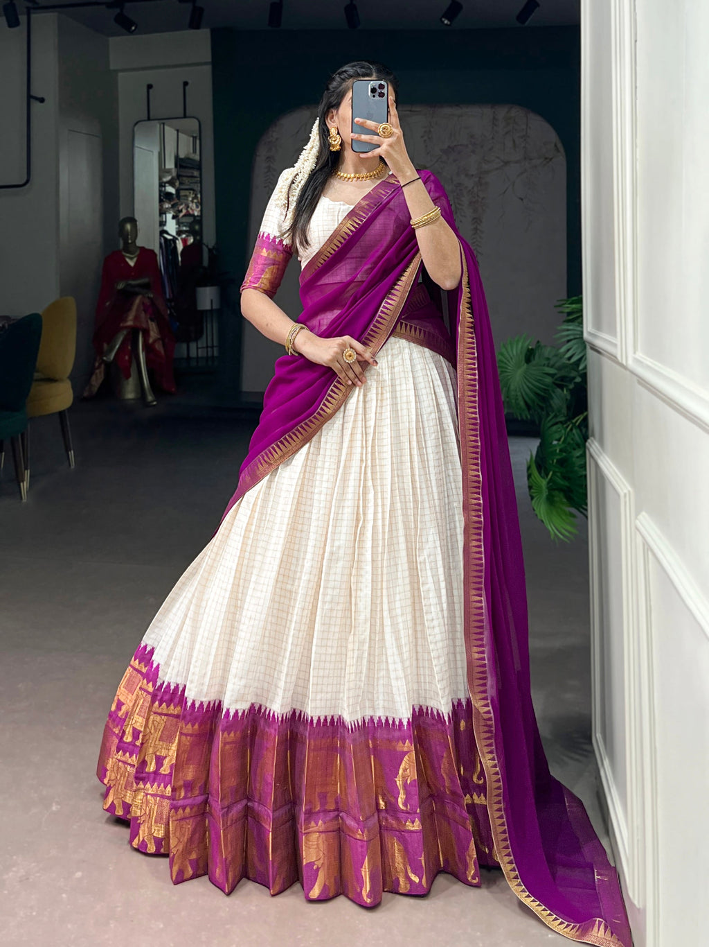 White Poly Cotton lehenga choli with traditional zari weaving work