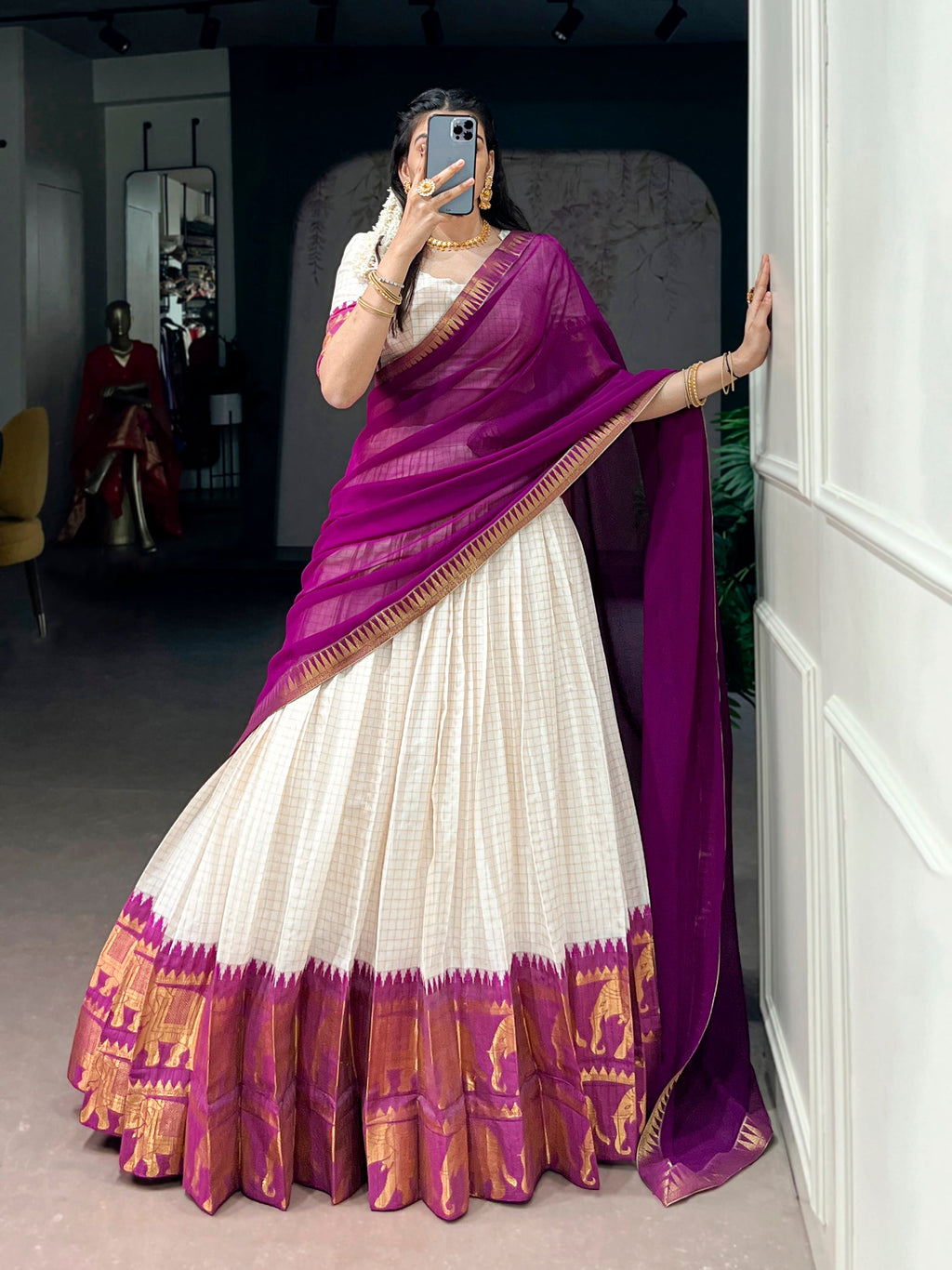 White Poly Cotton Zari Weaving Work Lehenga Choli Set